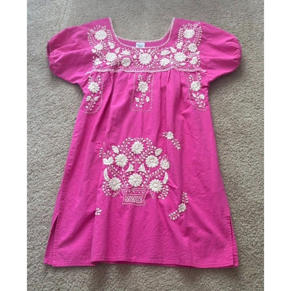Fuchsia Pink Cotton Puebla Style Mexican Hand Embroidered Floral Dress Medium